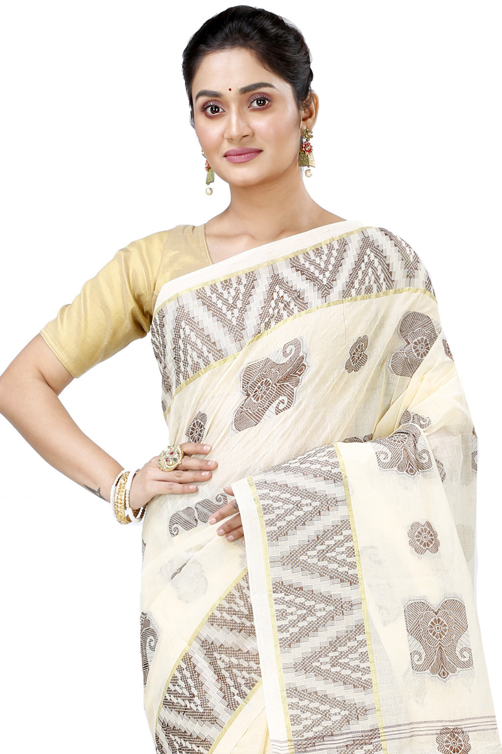 White Brown Pure Cotton Gargi Tant Saree (912)